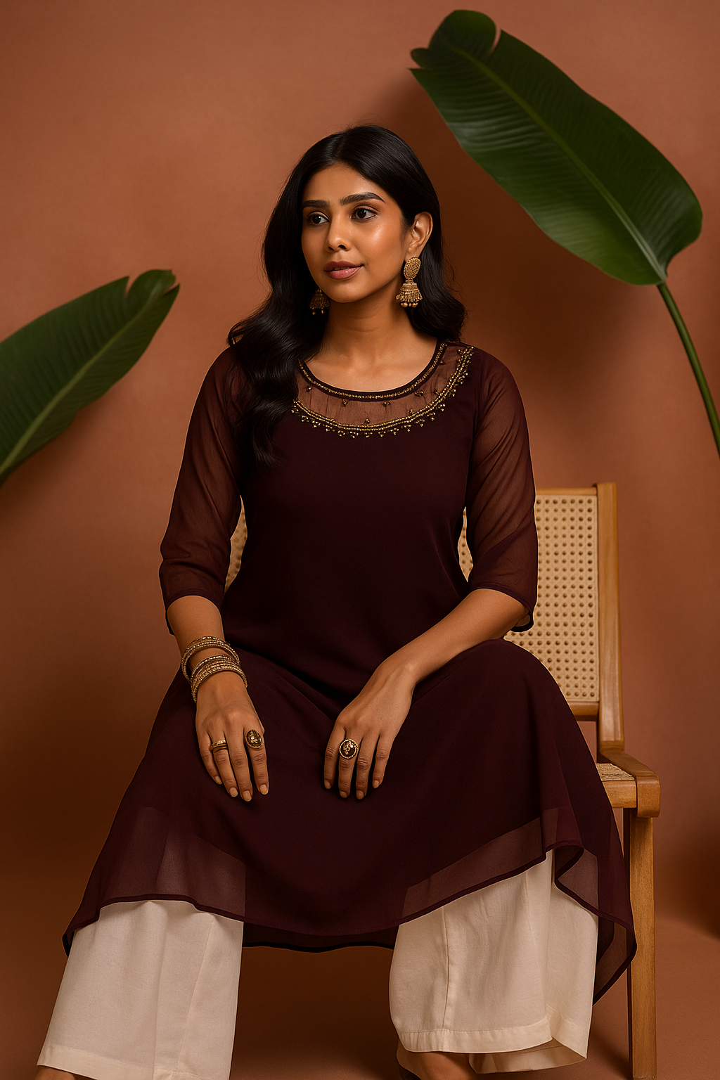 Georgette Jewel Neck A-Line Kurthi